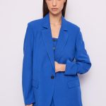 Blazer blu da donna in misto lino
