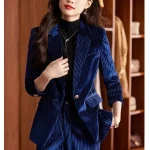 Tailleur Completo Ufficio Outfit Set Outfit Giacca Blazer Blu Velluto 80977
