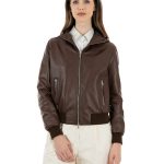 AURORE Giacca Bomber con cappuccio da donna in vera pelle marrone ef – Doppia Pelle