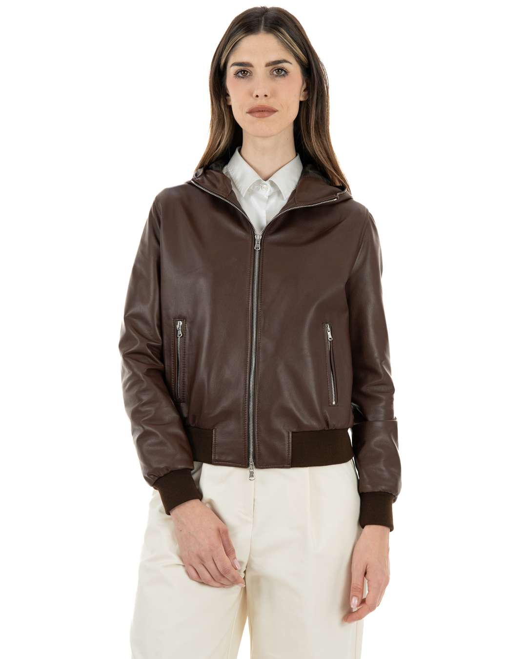 bomber-pelle-donna-163ofl-1.jpg AURORE Giacca Bomber con cappuccio da donna in vera pelle marrone ef – Doppia Pelle - immagine 1