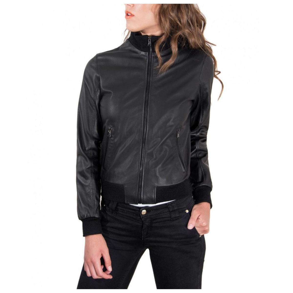 bomber-pelle-donna-413chk.png Vendita online Bomber in pelle da donna con polsini e fondo in lana - immagine 1