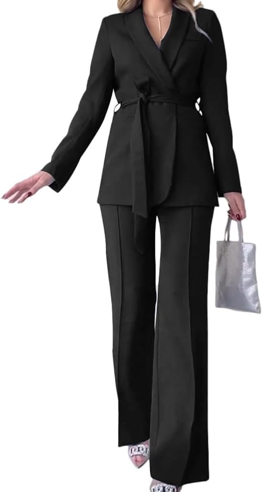completo-donna-giacca-e-pantalone-060utz-1.jpg shownicer Tailleur Pantalone Donna Eleganti Completo Giacca Blazer e Pantaloni Lunghi con Cintura 2 Pezzi Set per Cerimonia Business Casual A Nero XS : Amazon.it: Moda - immagine 1