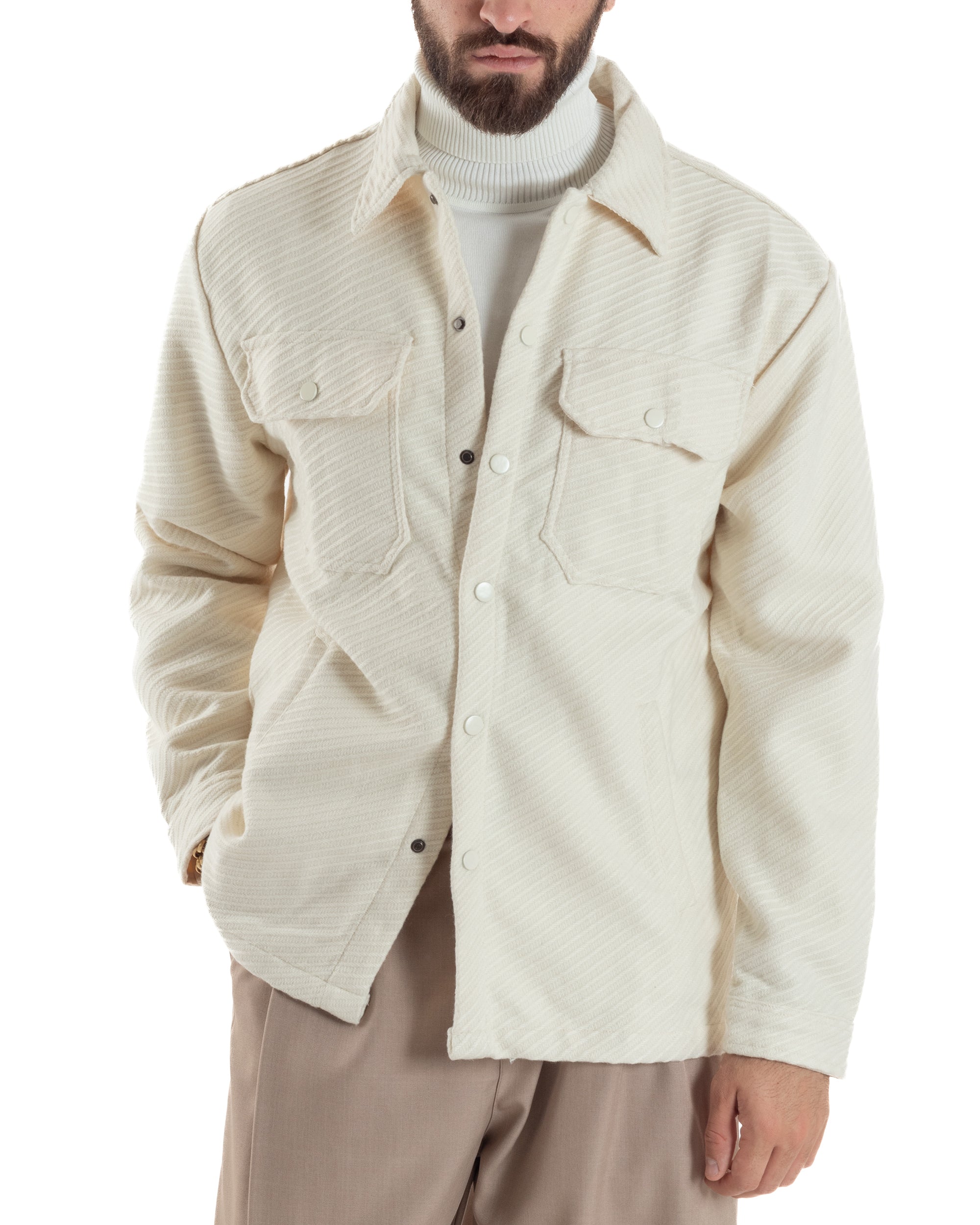 giacca-camicia-367siq-1.jpg Giacca Overshirt Uomo Camicia Con Tasconi Tessuto Diagonale Panna G3363A S - immagine 1