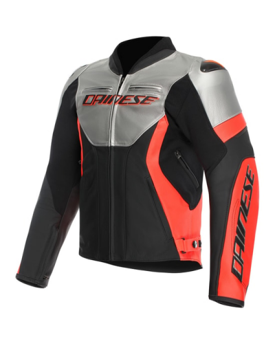 giacca-dainese-264qbl.png DAINESE GIUBBOTTO PELLE RACING 5 LEATHER JACKET SILVER BLACK RED FLUO - immagine 1