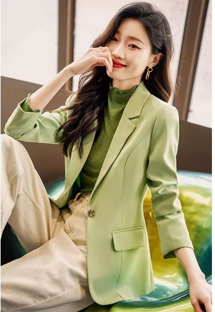 giacca-donna-elegante-289lus.webp Giacca Tailleur Blazer Donna Spezzato Ufficio Slim Elegante Verde Over 44985 - immagine 1