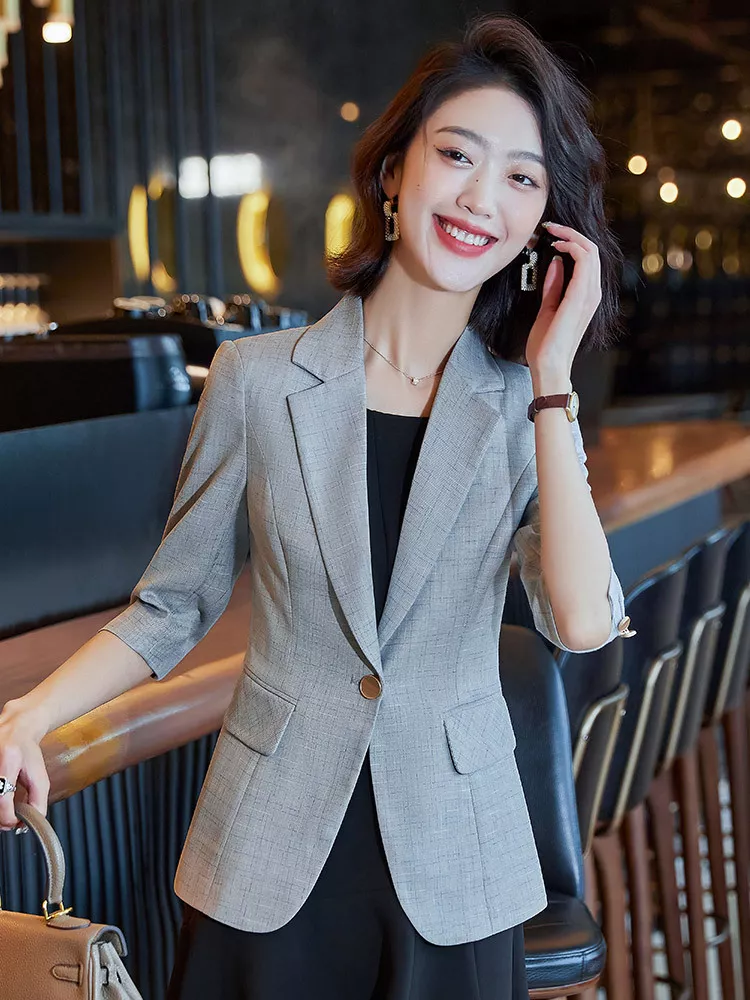 giacca-elegante-donna-984ojq.webp Giacca tailleur donna blazer spezzato ufficio grigio elegante corta slim 14955 - immagine 1