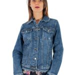 Giacca jeans donna blu scuro con bottoni maniche lunghe