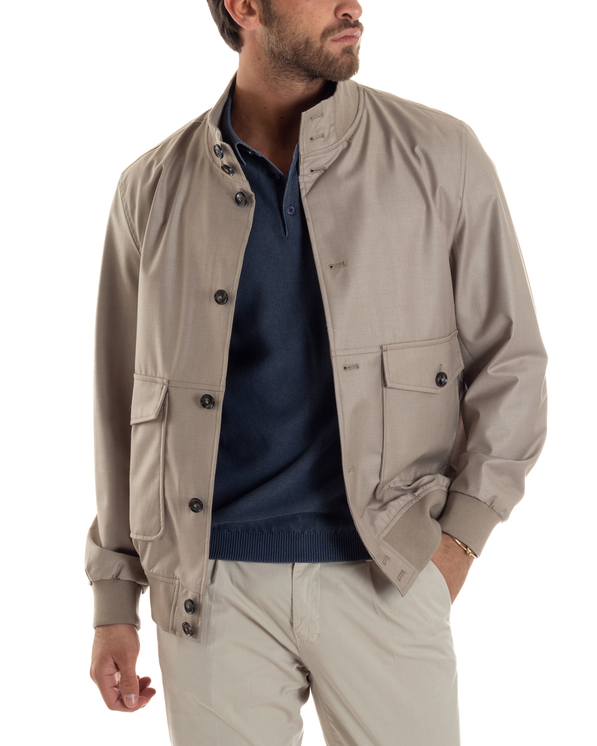giacca-leggera-uomo-980byh-1.jpg Giubbotto Uomo Giacca Leggera Tessuto Tecnico No Stiro College Impermeabile Con Bottoni Beige G3294A 44 - immagine 1