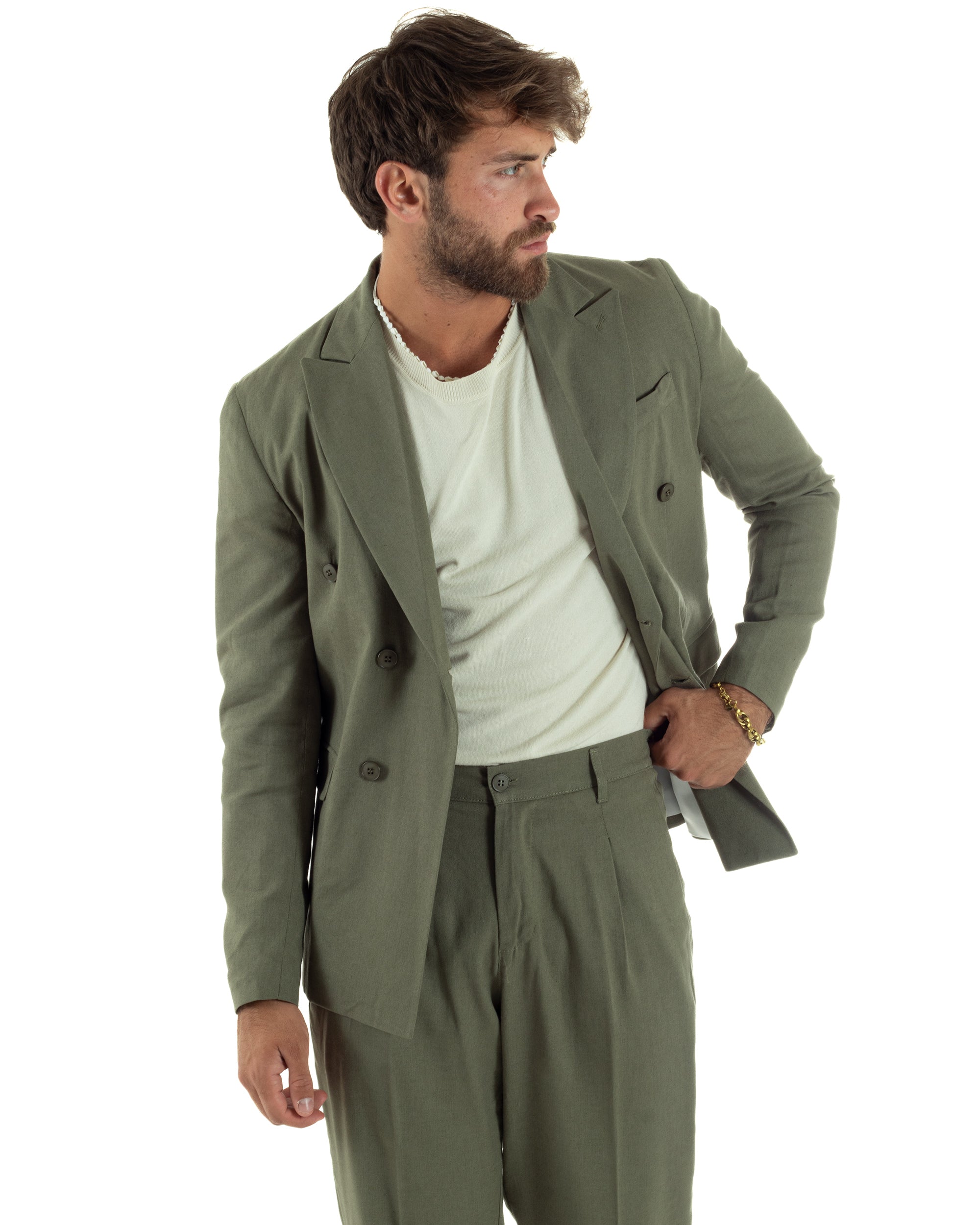 giacca-lino-uomo-223qbp-1.jpg Abito lino uomo vestito doppiopetto sartoriale verde militare AE1169A 44 - immagine 1