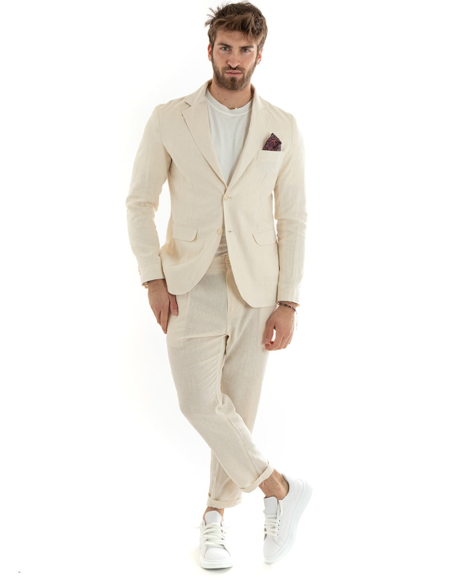 giacca-lino-uomo-426blp-1.jpg Abito Uomo Monopetto Completo Lino Sartoriale Giacca Pantaloni Beige GIOSAL OU2322A - immagine 1
