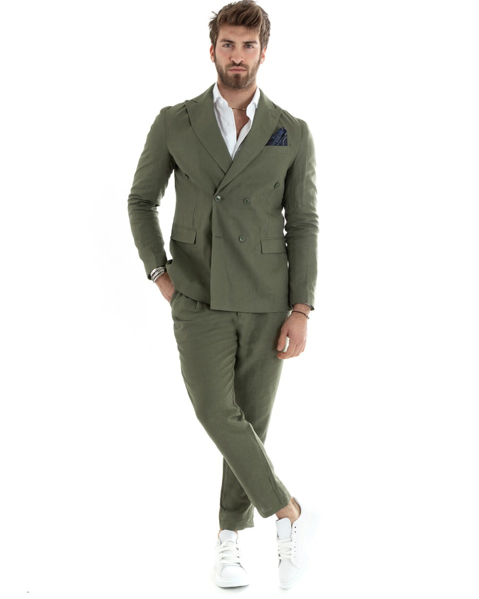 giacca-lino-uomo-927dpt-1.jpg Giacca Uomo Doppiopetto Lino Tinta Unita Verde Sartoriale Cerimonia Elegante Casual GIOSAL G3061A - immagine 1