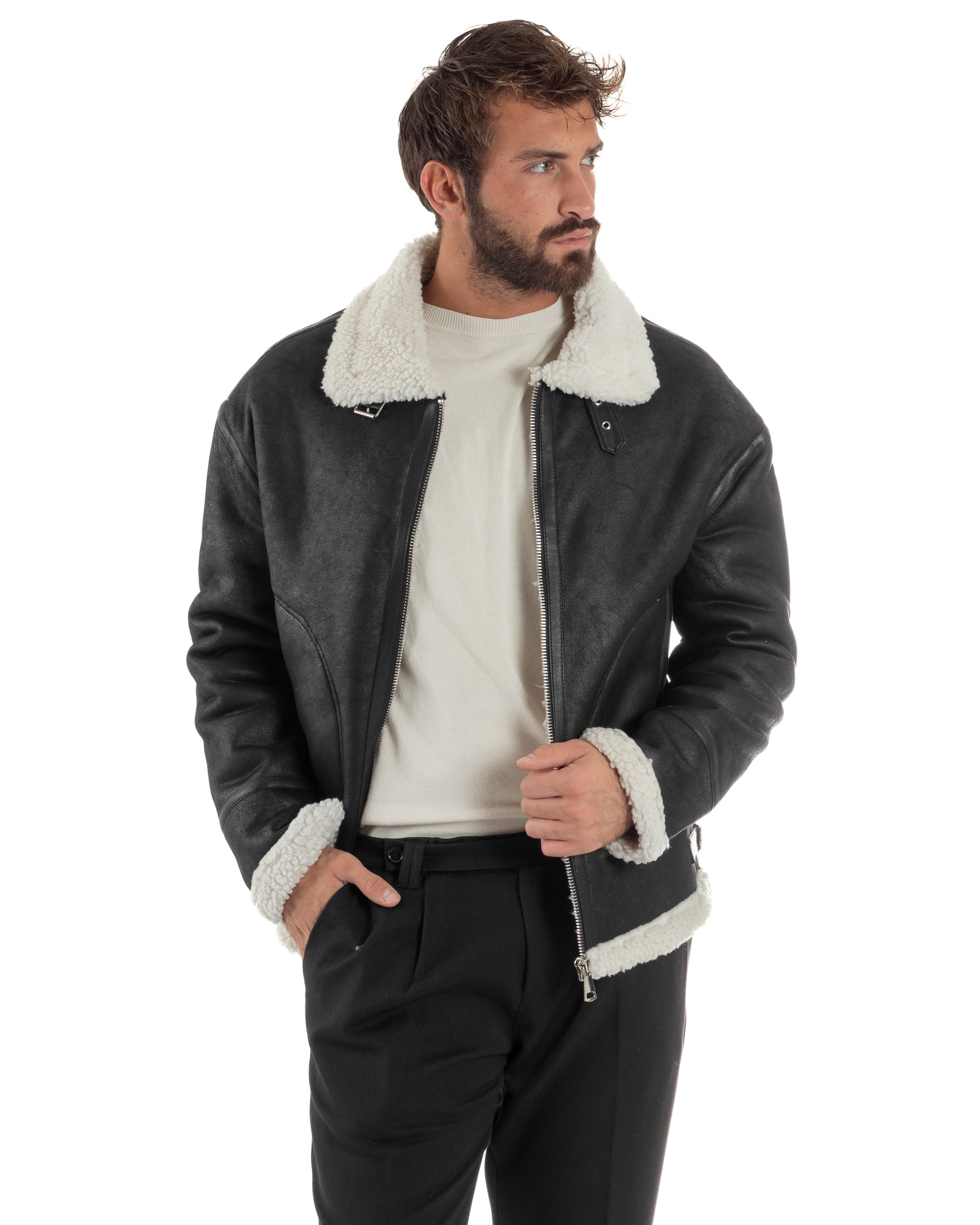 giacca-montone-750xck-1.jpg Giubbotto Uomo Montone Ecopelle Giacca College Pelliccia Nero G3358A S - immagine 1