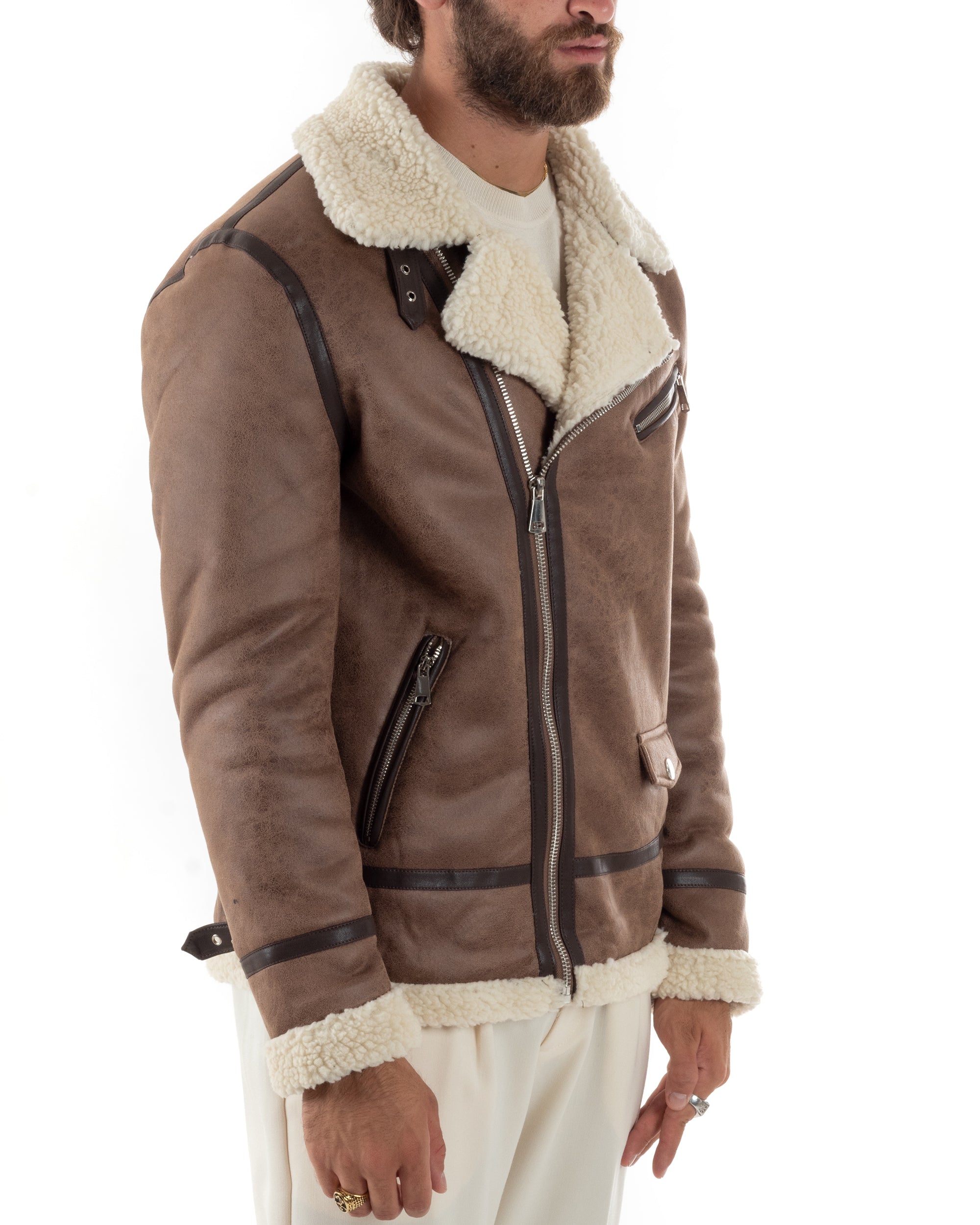 giacca-montone-828mta-1.jpg Giubbotto montone uomo camoscio imbottito chiodo giacca aviatore zip pelliccia camel GIOSAL G3222A XS - immagine 1