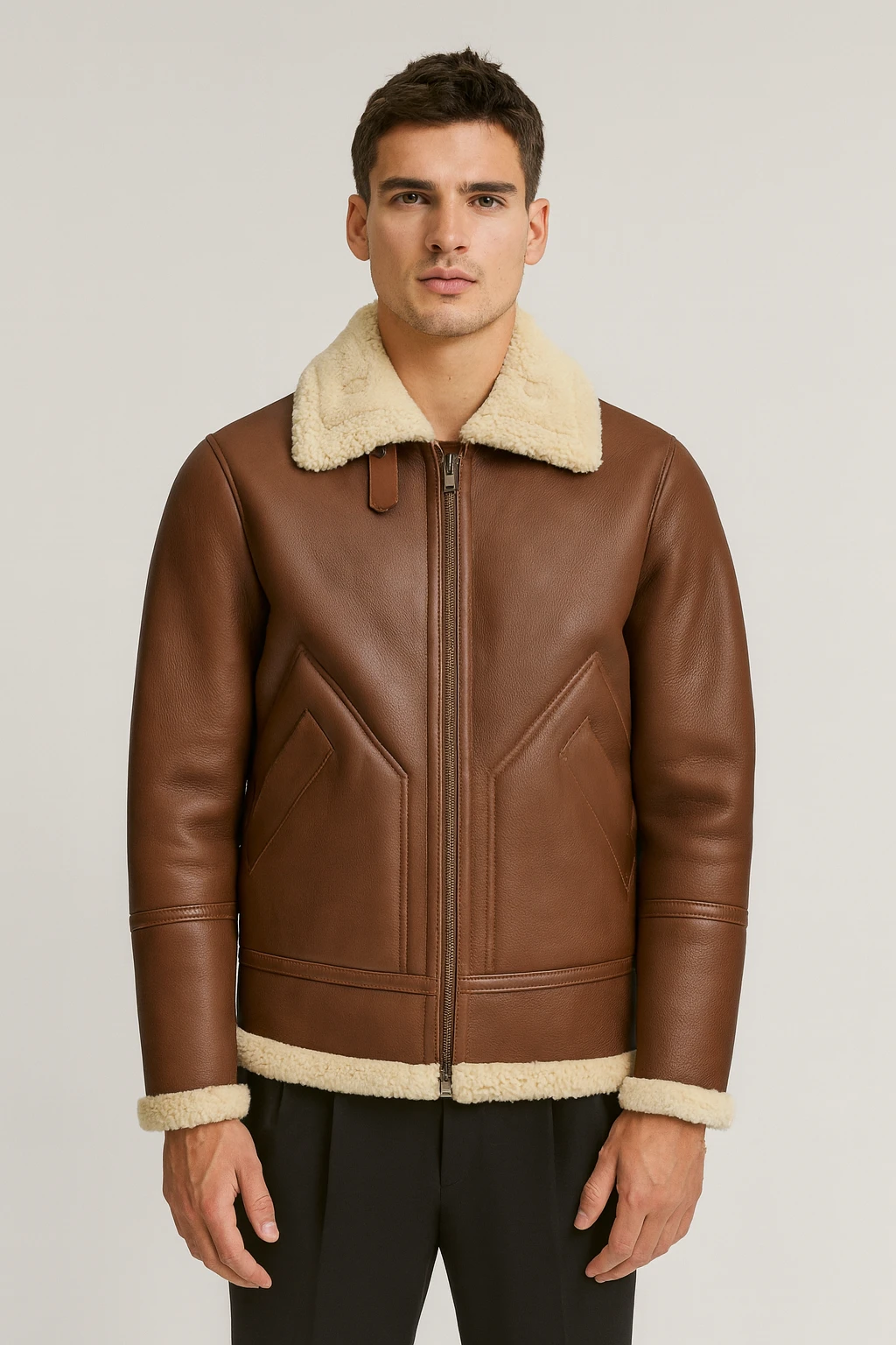 giacca-montone-uomo-352qhs.webp Giacca in Pelle di Montone – The Hunter – Marrone Cognac & Lana Bianca - immagine 1