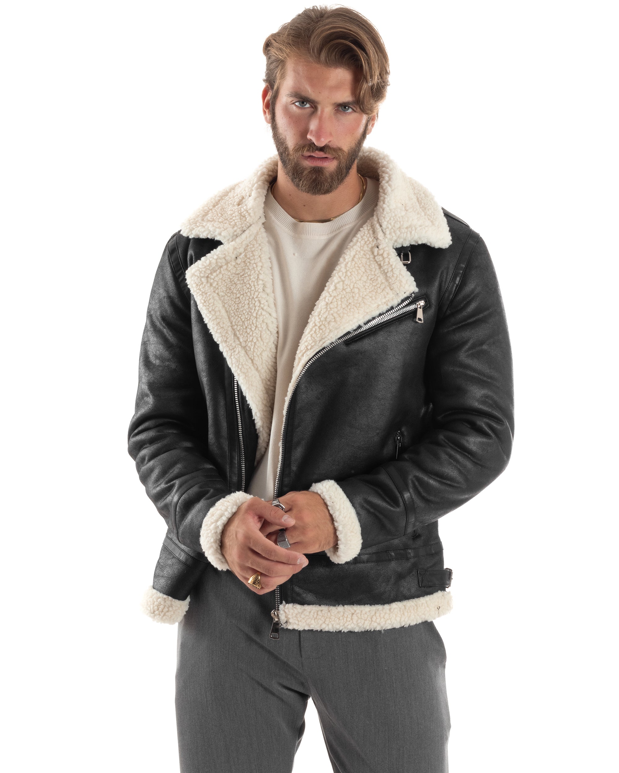 giacca-montone-uomo-649cri-1.jpg Giubbotto Montone Uomo Nero Cappotto Giacca In Vera Pelle Nera Uomo Slim Tasconi In Stile Montone - immagine 1