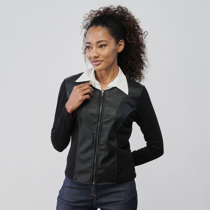 giacca-nera-donna-895rxd-1.jpg Giacca nera corta da donna on inserto in simil pelle con zip ALESYA | Scarpe&Scarpe - immagine 1
