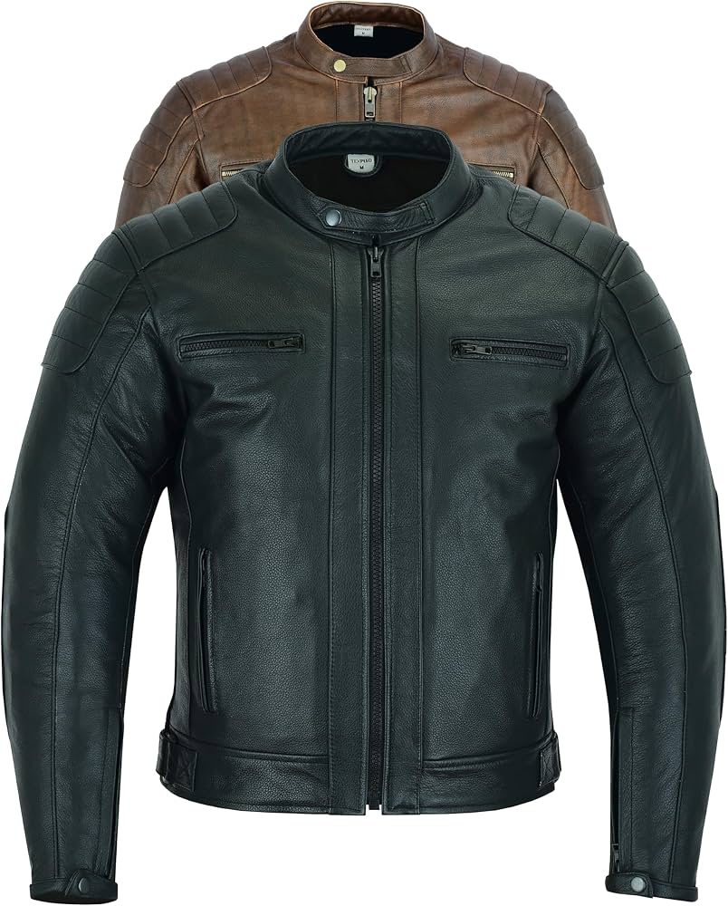 giacca-pelle-moto-244cnt-1.jpg Texpeed Giacca da moto in pelle da uomo con protezioni Motociclista giubbotto da touring/turismo con vera protezione Biker CE armor (EN 1621 1) Inverno invernale o estate Nero XL : - immagine 1
