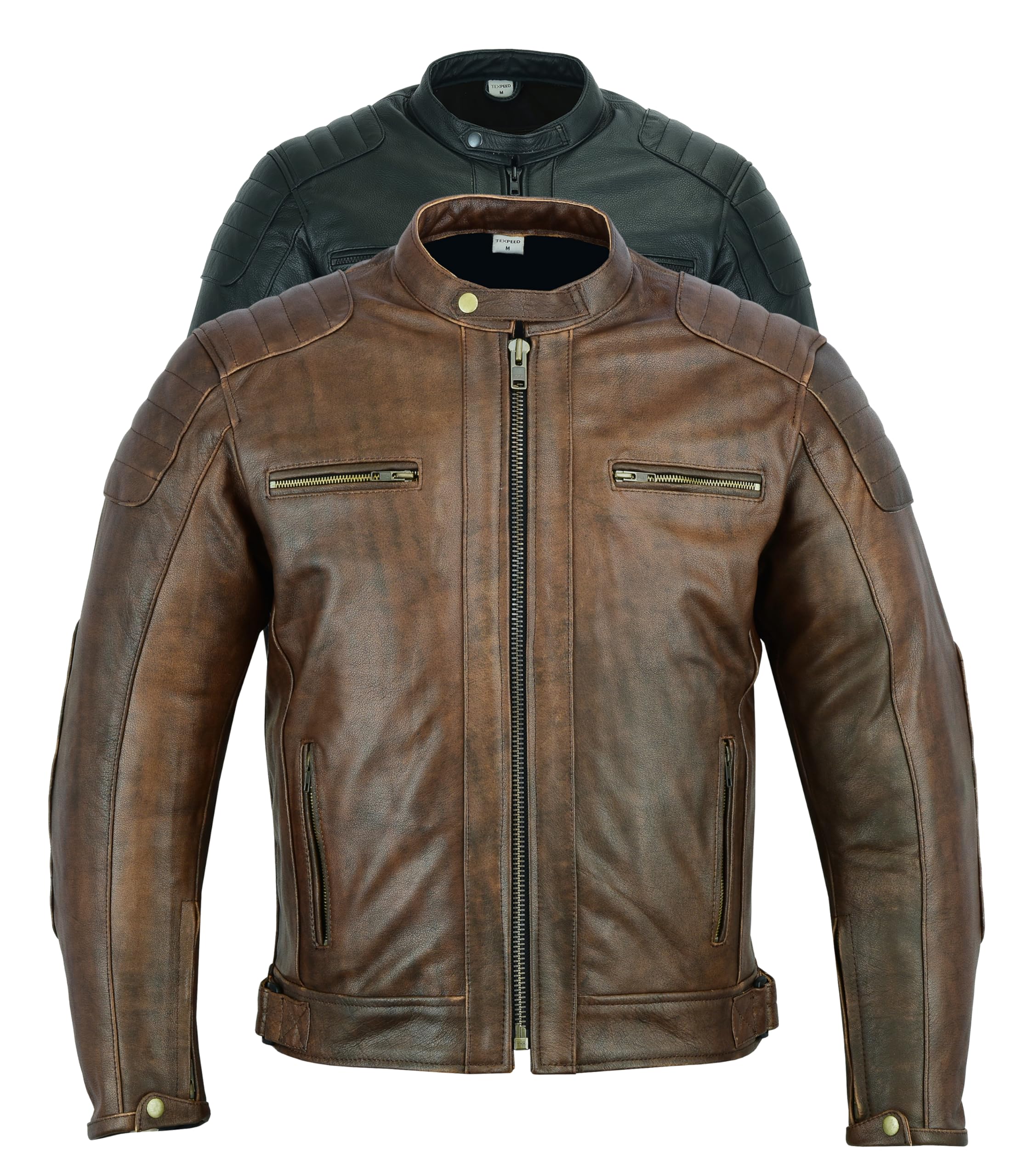 giacca-pelle-moto-816jiy-1.jpg Texpeed Giacca da moto in pelle da uomo con protezioni Motociclista giubbotto da touring/turismo con vera protezione Biker CE armor (EN 1621 1) Inverno invernale o estate Marrone 6XL : - immagine 1