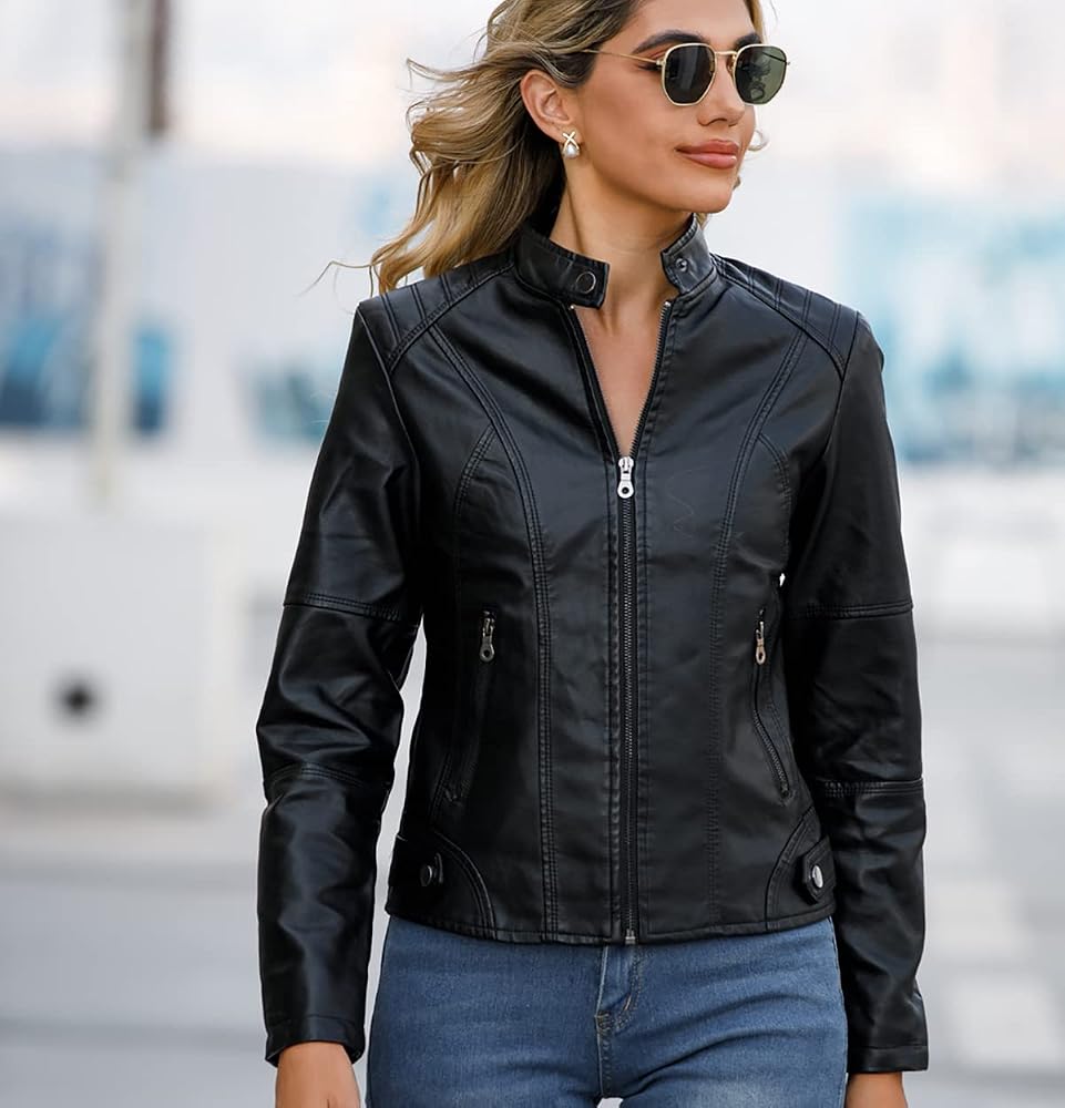 giacca-similpelle-donna-237nii-1.jpg Peuignao Giacca Biker Donna Nero S Pelle Sintetica Impermeabile e Antivento Biker Chic Slim Fit Tinta Unita Tasca Dritta Autunno Donna : Amazon.it: Moda - immagine 1
