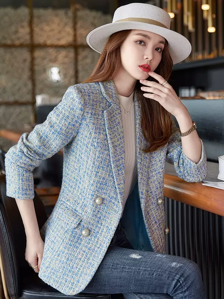 giacca-tweed-626yqu.webp Giacca Tailleur Donna Blazer Spezzato Ufficio Slim Fit Azzurro Tweed Coco 34190 - immagine 1