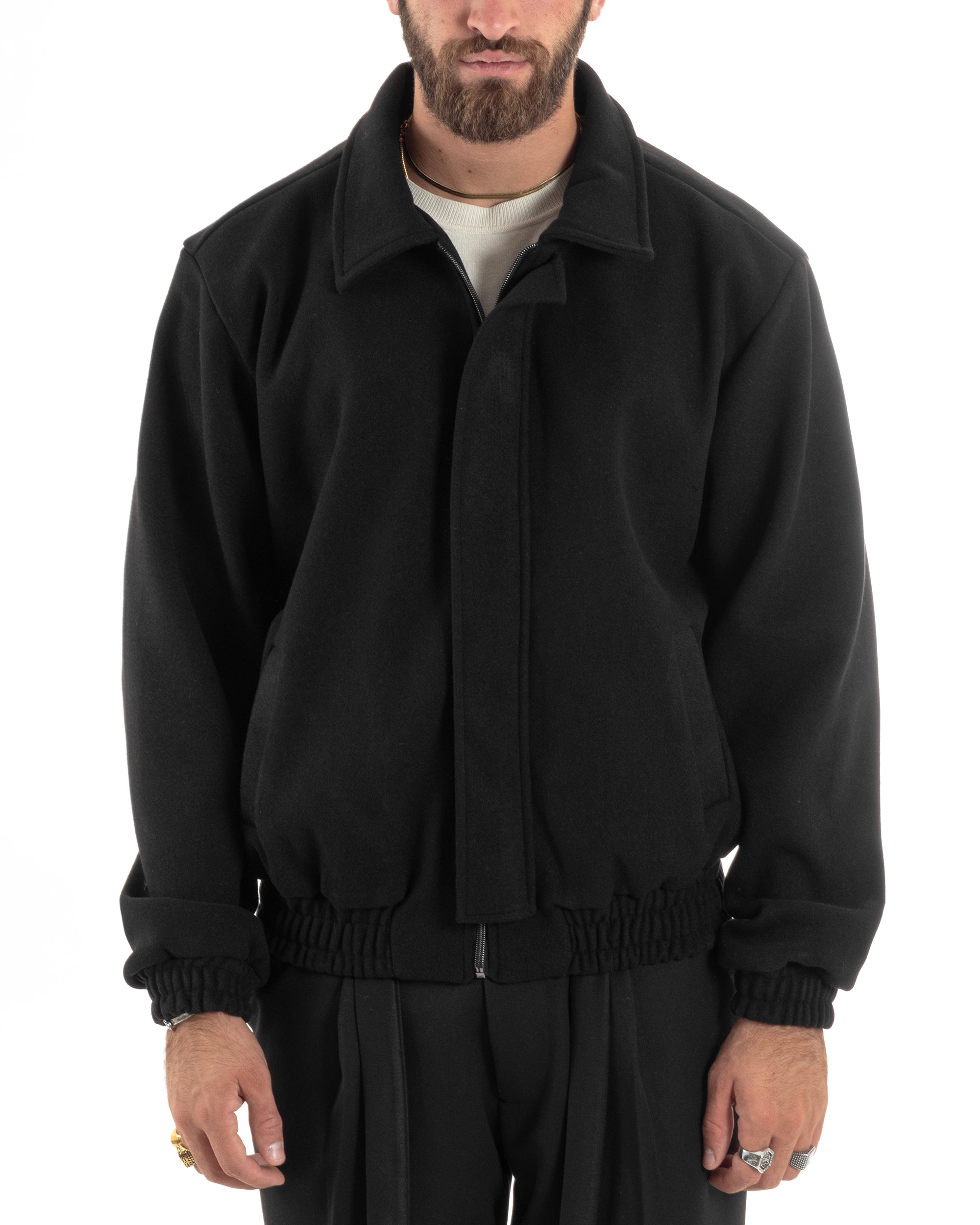 giubbotto-bomber-uomo-327stz-1.jpg Giubbotto Uomo Panno Caldo Bomber Con Colletto Giacca Con Zip Tinta Unita Nero GIOSAL G3248A S - immagine 1