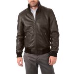 Giubbotto Bomber In Vera Pelle Marrone Uomo Con Particolare Al Collo R