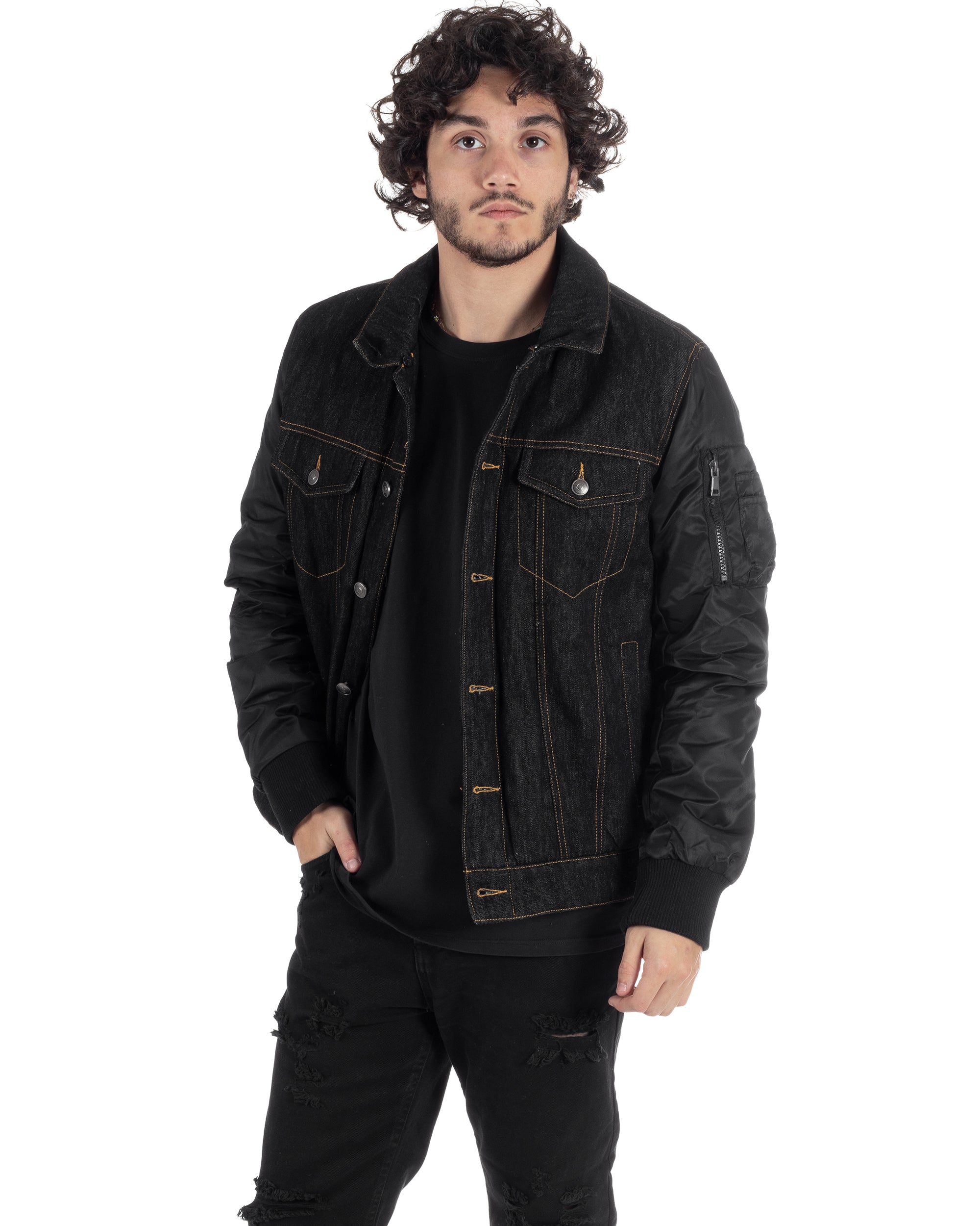 giubbotto-jeans-uomo-783adt-1.jpg Giubbotto Uomo Jeans Denim Nero Lucido Bomber Con Colletto Pelliccia GIOSAL G3116A S - immagine 1