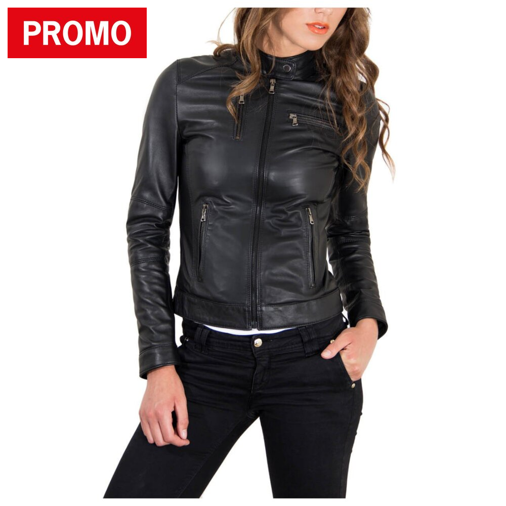 giubbotto-nero-donna-118jul.png Vendita online Giacca donna biker in pelle nera liscia - immagine 1