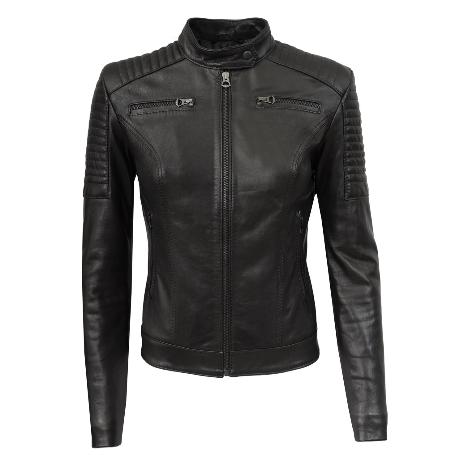 giubbotto-nero-donna-229vne-1.jpg Giacca in vera pellenera Invernale da donna biker trapuntato moto Vanessa Type B - immagine 1
