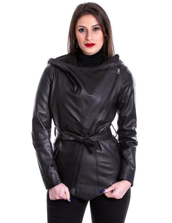 giubbotto-nero-donna-511ujb-1.jpg Giubbotto da donna in vera pelle nero con cappuccio | Modello A168 - immagine 1