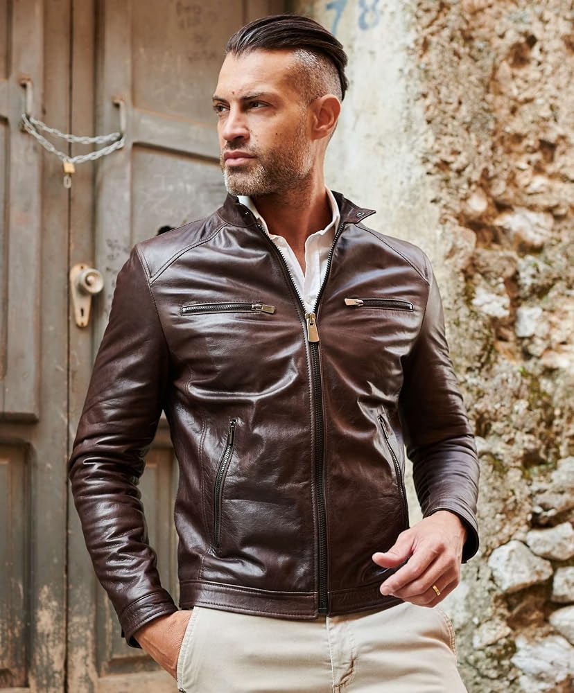 giubbotto-pelle-437ywn-1.jpg D'Arienzo Giacca Pelle Marrone Uomo Giubbotto Moto Vera Pelle Made in Italy Hamilton 60/Marrone : Amazon.it: Moda - immagine 1