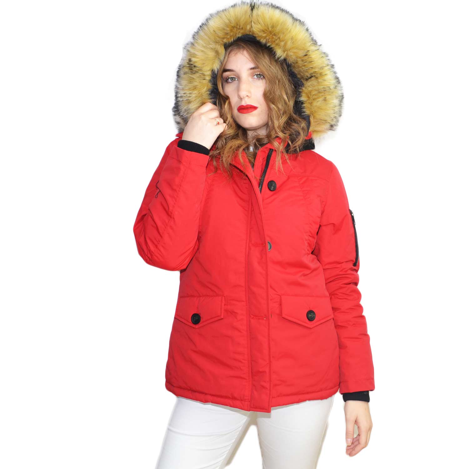 parka-invernale-donna-041lsq-1.jpg Giacca Parka Invernale Giacchetto Invernale Donna Parka Giacca Donna Invernale Impermeabile Rosso Bottoni E Zip - immagine 1