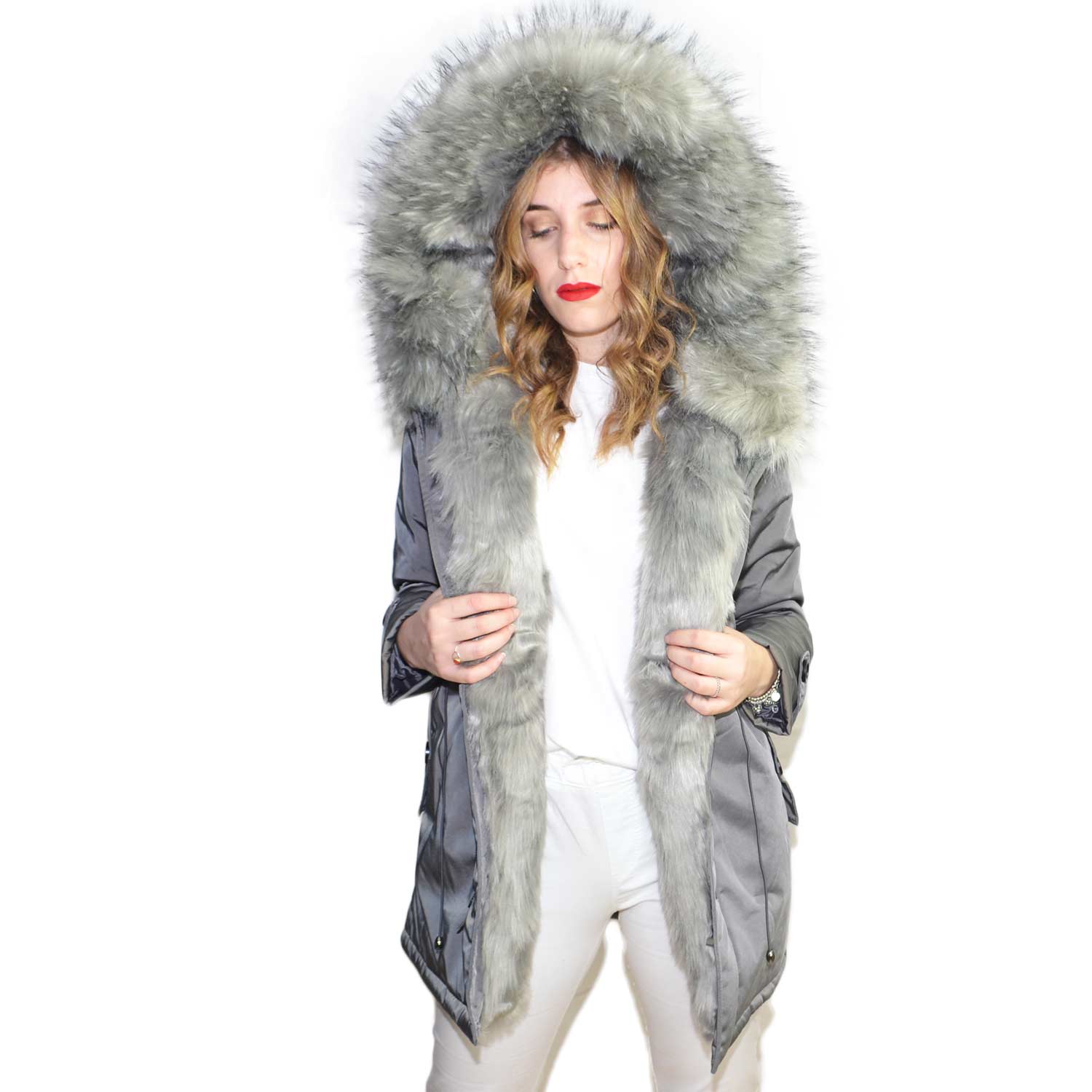 parka-invernale-donna-701dvj-1.jpg Parka donna invernale con pelliccia ecologic giacca giubbotto piumino lungo grigio pelo extra volume imbottito caldo mod donna parka K ZELL | ... - immagine 1