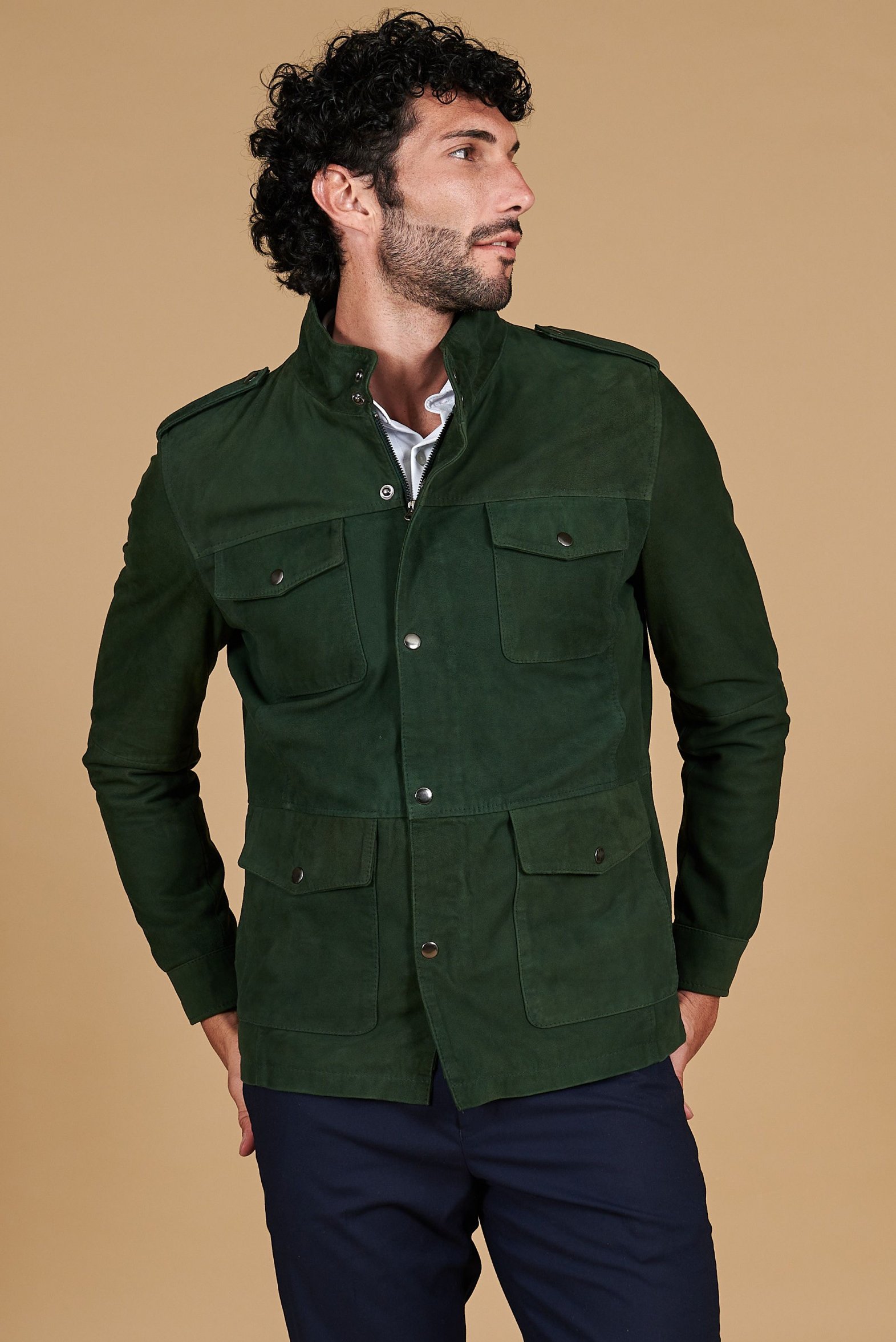 sahariana-004hwr-1.jpg Giaccone in pelle color verde da Uomo - immagine 1