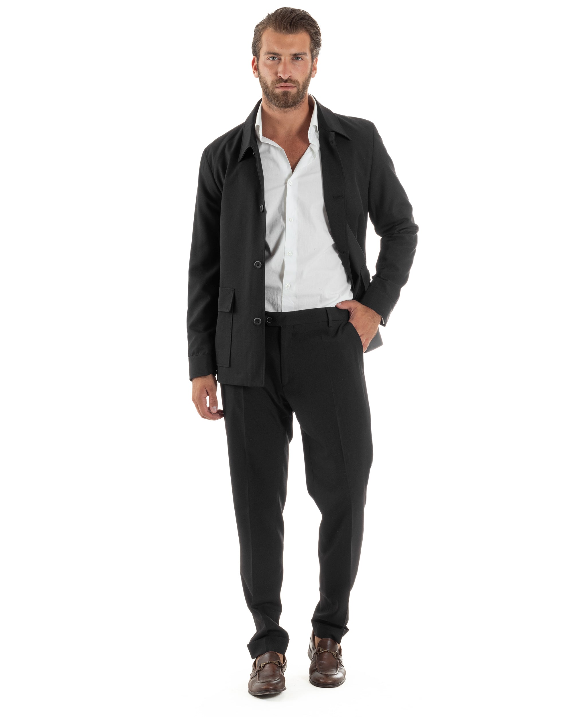 sahariana-uomo-702hdk-1.jpg Abito Uomo Completo Giacca Sahariana Pantaloni Nero AE1146A 44 - immagine 1